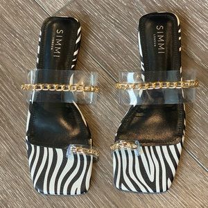 NEW! Simmi London Freya Aliana Flat Sandals Zebra Clear Strap Chain Toe Size 8
